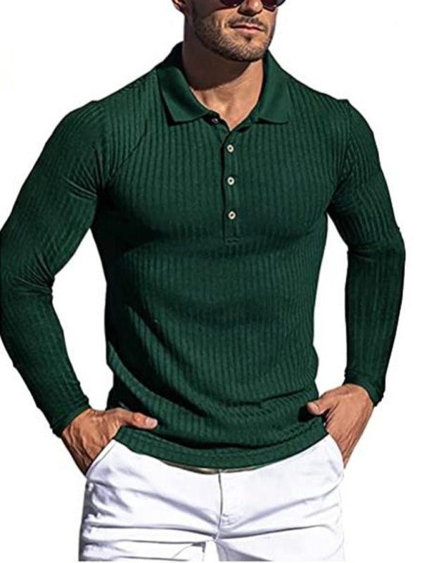 New Men’s High Elastic Vertical Strip Long Sleeve POLO Shirt Slim Knit Bottom Shirt Polo Shirt
