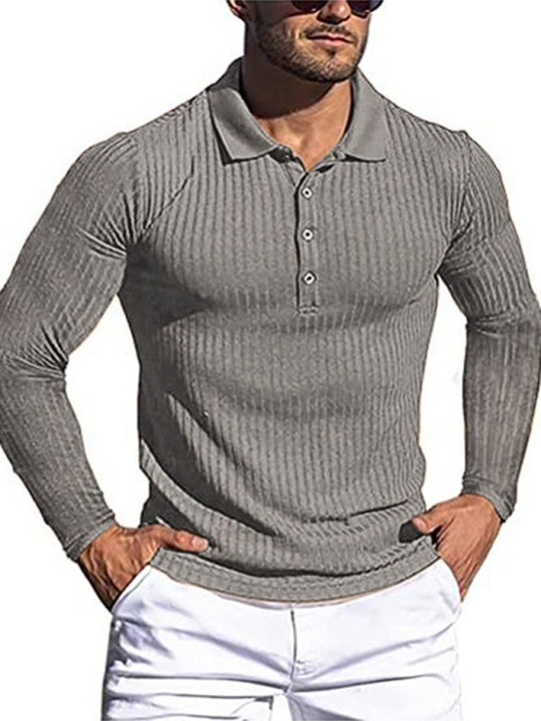 New Men’s High Elastic Vertical Strip Long Sleeve POLO Shirt Slim Knit Bottom Shirt Polo Shirt - Grey / S