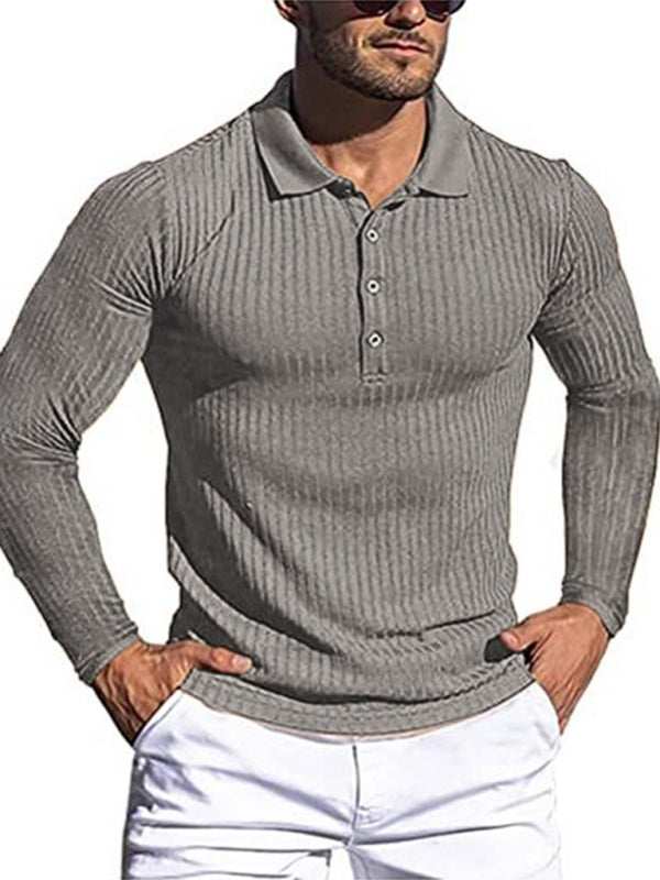 New Men’s High Elastic Vertical Strip Long Sleeve POLO Shirt Slim Knit Bottom Shirt Polo Shirt
