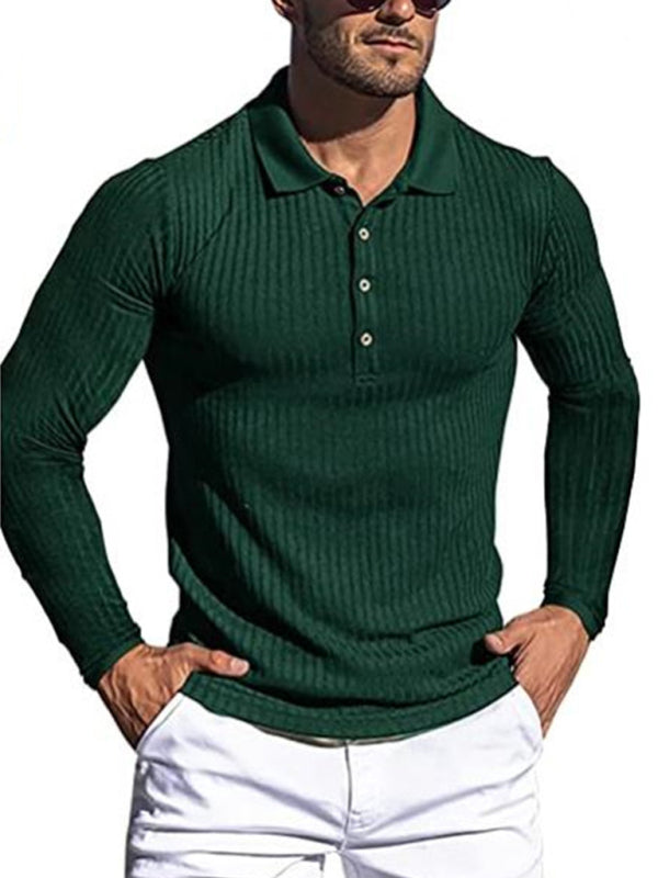 New Men’s High Elastic Vertical Strip Long Sleeve POLO Shirt Slim Knit Bottom Shirt Polo Shirt - Green / S