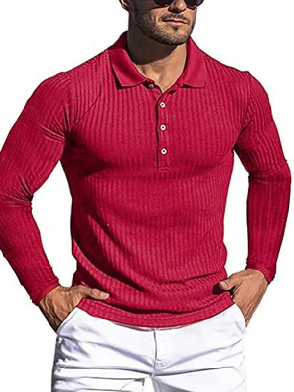 New Men’s High Elastic Vertical Strip Long Sleeve POLO Shirt Slim Knit Bottom Shirt Polo Shirt