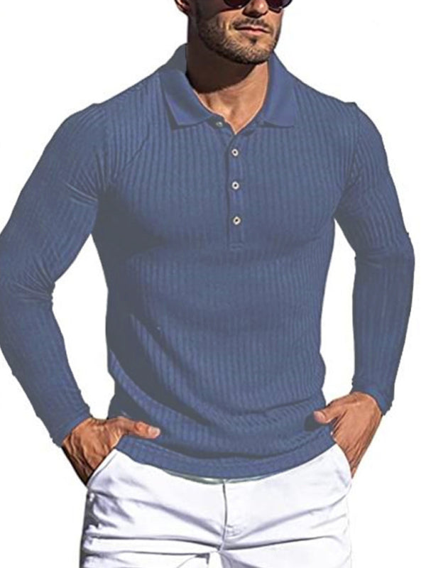 New Men’s High Elastic Vertical Strip Long Sleeve POLO Shirt Slim Knit Bottom Shirt Polo Shirt - Champlain color / S