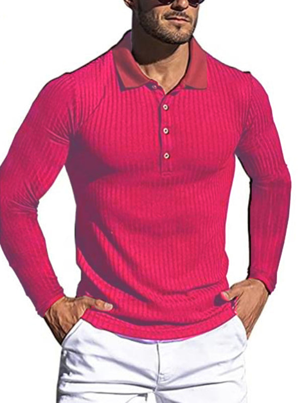 New Men’s High Elastic Vertical Strip Long Sleeve POLO Shirt Slim Knit Bottom Shirt Polo Shirt - Purplish red / S
