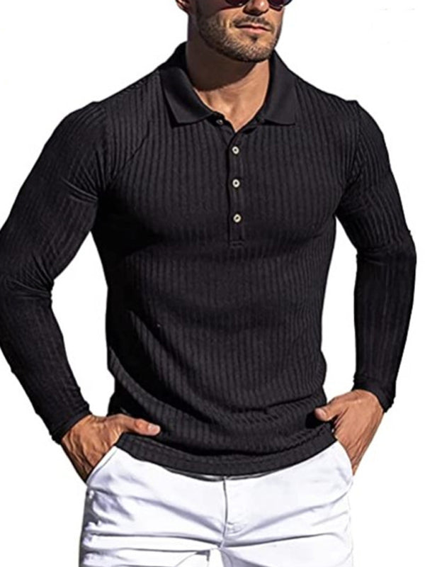 New Men’s High Elastic Vertical Strip Long Sleeve POLO Shirt Slim Knit Bottom Shirt Polo Shirt - Black / S