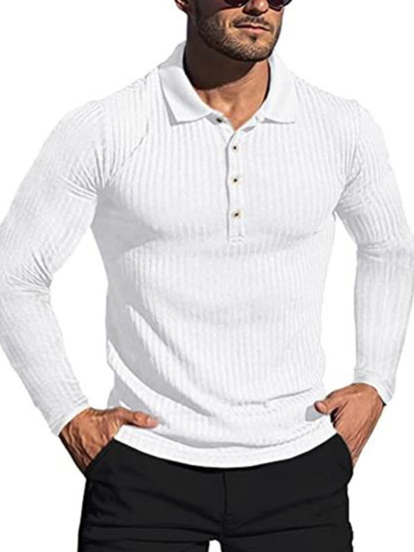 New Men’s High Elastic Vertical Strip Long Sleeve POLO Shirt Slim Knit Bottom Shirt Polo Shirt