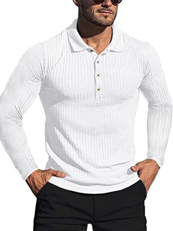 New Men’s High Elastic Vertical Strip Long Sleeve POLO Shirt Slim Knit Bottom Shirt Polo Shirt - White / S