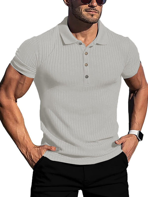 New Men’s High Stretch Vertical Stripe Long Sleeve POLO Shirt Slim Fit Short Sleeve Polo Shirt - White / S