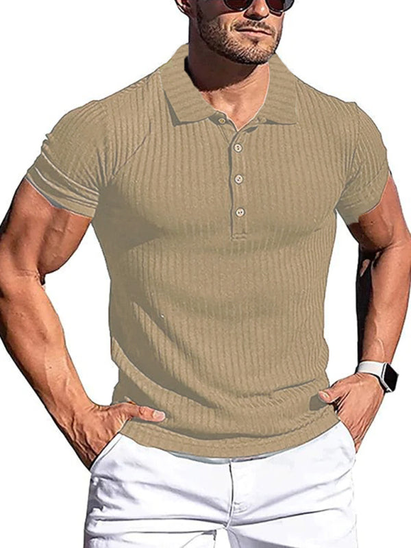 New Men’s High Stretch Vertical Stripe Long Sleeve POLO Shirt Slim Fit Short Sleeve Polo Shirt - Khaki / S