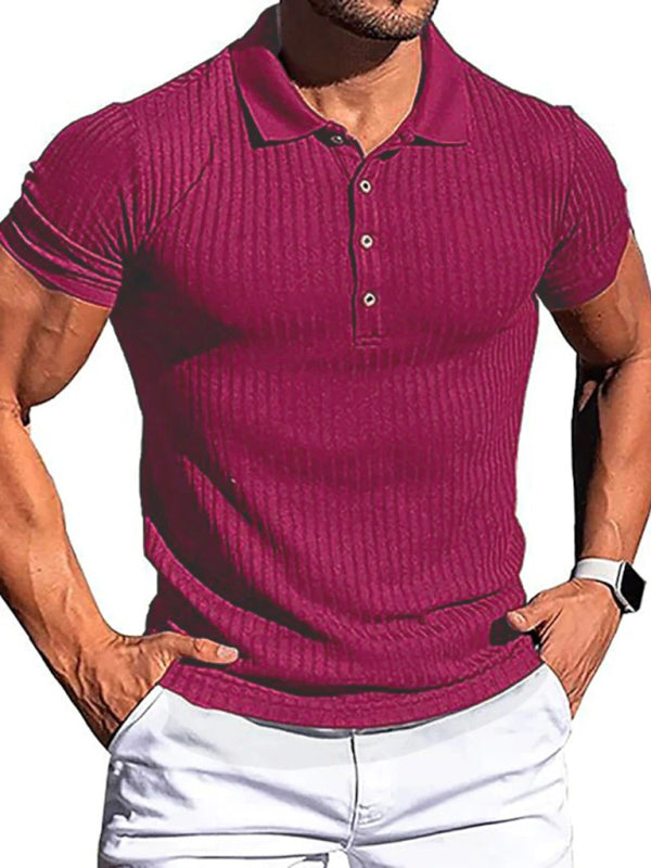 New Men’s High Stretch Vertical Stripe Long Sleeve POLO Shirt Slim Fit Short Sleeve Polo Shirt - Purplish red / S