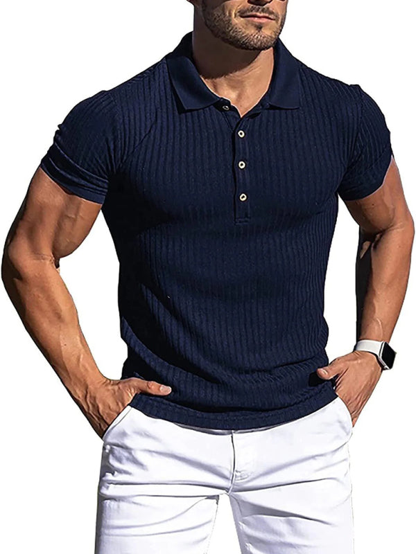New Men’s High Stretch Vertical Stripe Long Sleeve POLO Shirt Slim Fit Short Sleeve Polo Shirt - Champlain color / S
