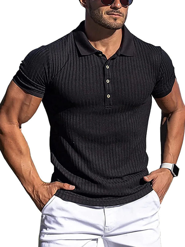 New Men’s High Stretch Vertical Stripe Long Sleeve POLO Shirt Slim Fit Short Sleeve Polo Shirt - Black / S