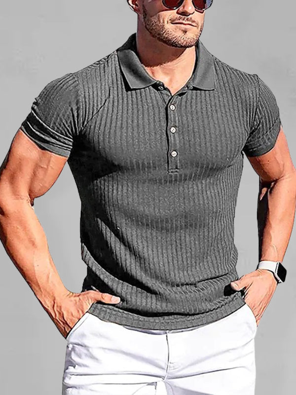 New Men’s High Stretch Vertical Stripe Long Sleeve POLO Shirt Slim Fit Short Sleeve Polo Shirt - Grey / S