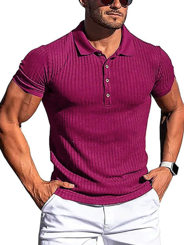 New Men’s High Stretch Vertical Stripe Long Sleeve POLO Shirt Slim Fit Short Sleeve Polo Shirt - Red / S