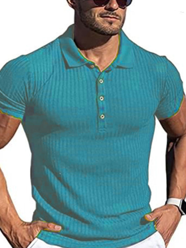 New Men’s High Stretch Vertical Stripe Long Sleeve POLO Shirt Slim Fit Short Sleeve Polo Shirt - Green / S