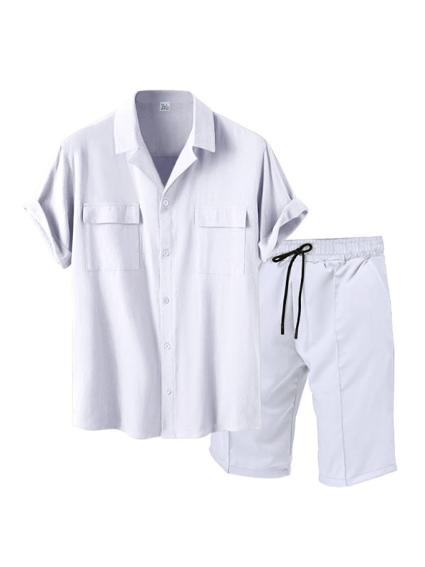 New men’s new lapel casual shirt shorts two-piece set