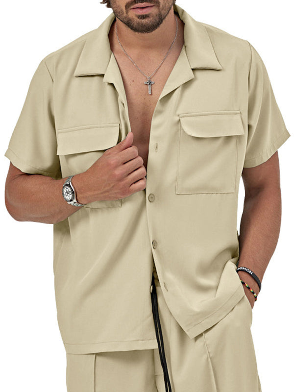 New men’s new lapel casual shirt shorts two-piece set