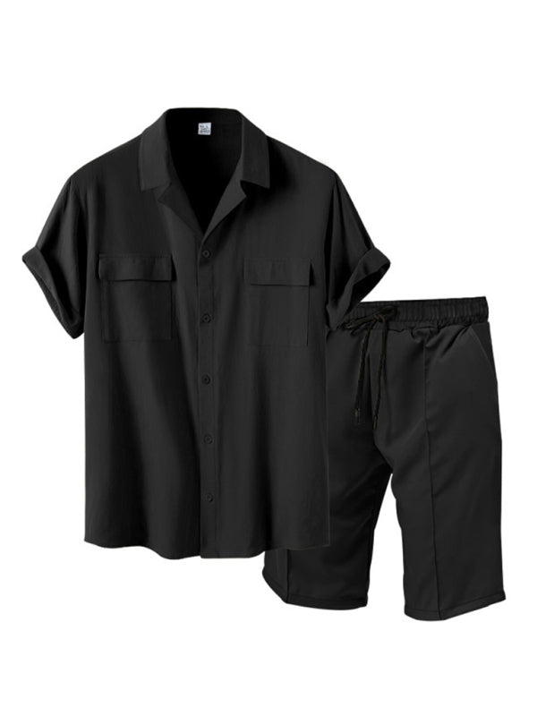 New men’s new lapel casual shirt shorts two-piece set