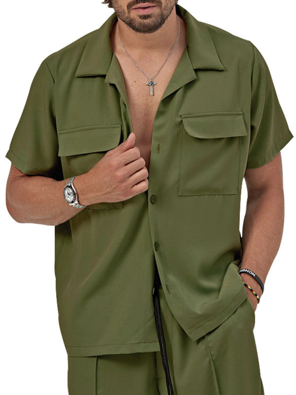 New men’s new lapel casual shirt shorts two-piece set