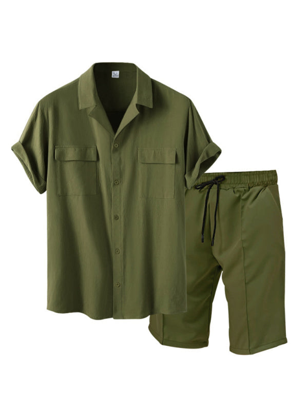 New men’s new lapel casual shirt shorts two-piece set