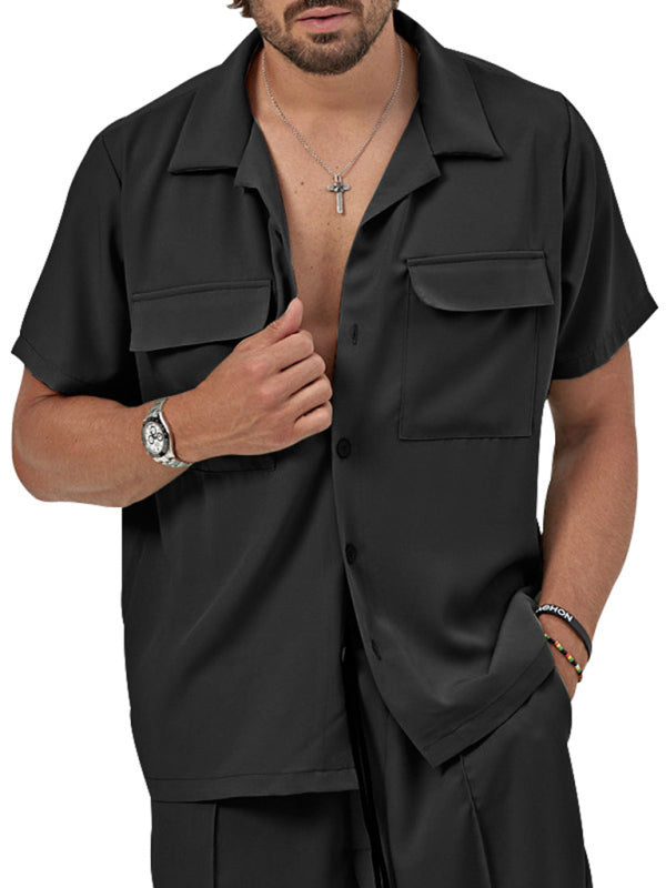 New men’s new lapel casual shirt shorts two-piece set