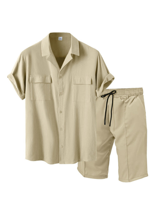 New men’s new lapel casual shirt shorts two-piece set