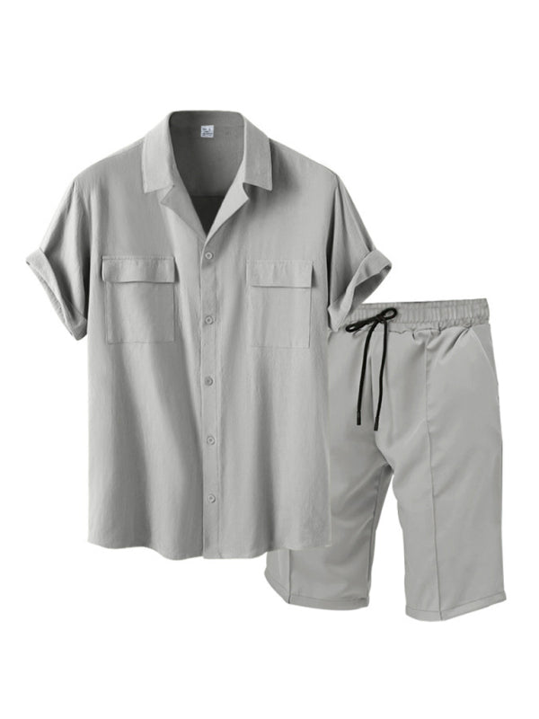 New men’s new lapel casual shirt shorts two-piece set