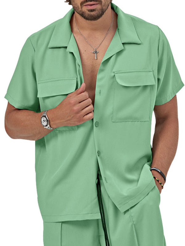 New men’s new lapel casual shirt shorts two-piece set