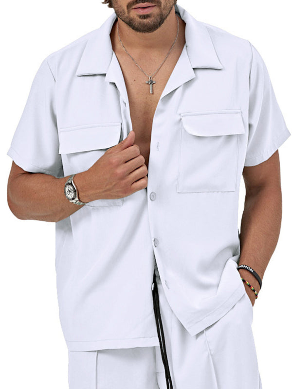 New men’s new lapel casual shirt shorts two-piece set