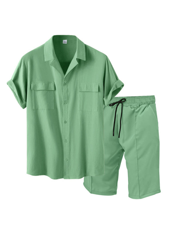 New men’s new lapel casual shirt shorts two-piece set