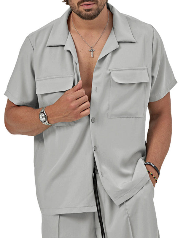 New men’s new lapel casual shirt shorts two-piece set