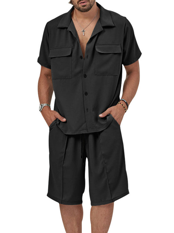 New men’s new lapel casual shirt shorts two-piece set - Black / S