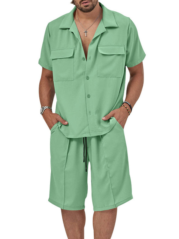 New men’s new lapel casual shirt shorts two-piece set - Green / S
