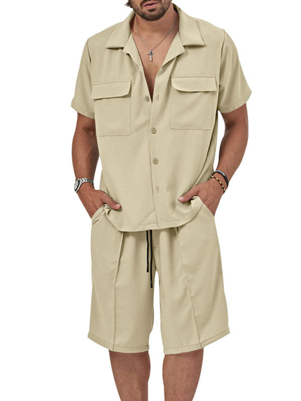 New men’s new lapel casual shirt shorts two-piece set - Khaki / S