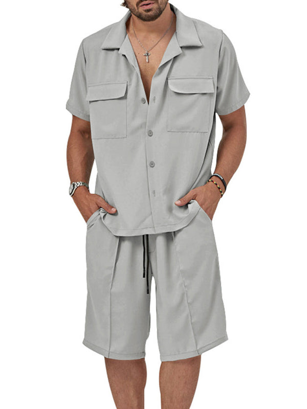 New men’s new lapel casual shirt shorts two-piece set - Misty grey / S