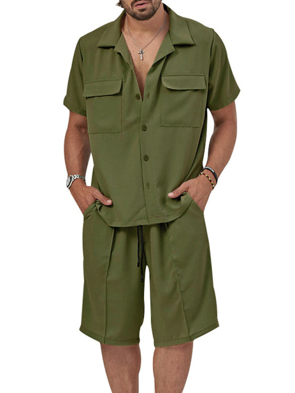 New men’s new lapel casual shirt shorts two-piece set - Olive green / S