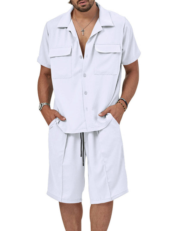 New men’s new lapel casual shirt shorts two-piece set - White / S