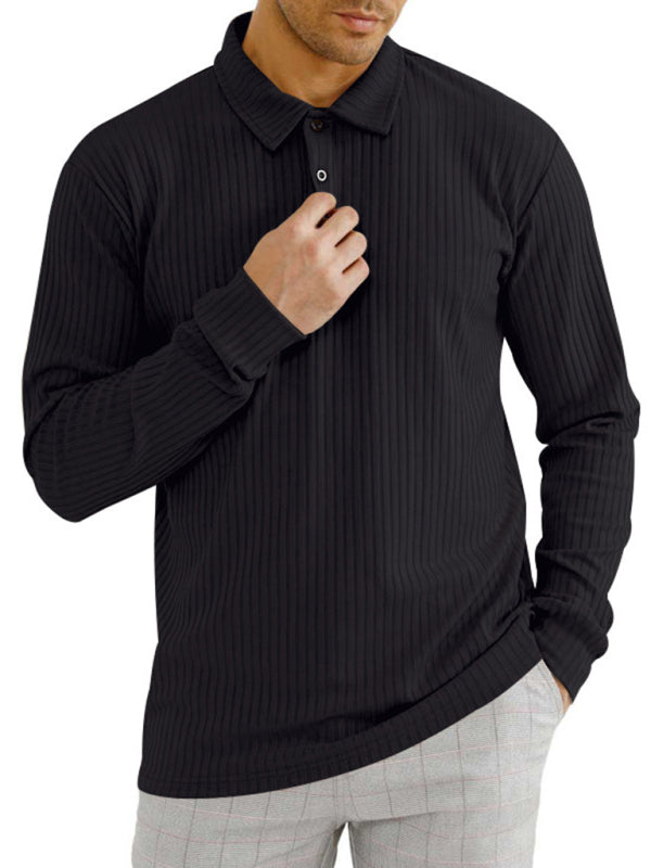 New Men’s Long Sleeve T-Shirt Long Sleeve Lapel Polo Shirt - Black / S