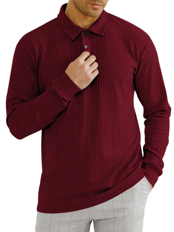 New Men’s Long Sleeve T-Shirt Long Sleeve Lapel Polo Shirt - Dark Red / S