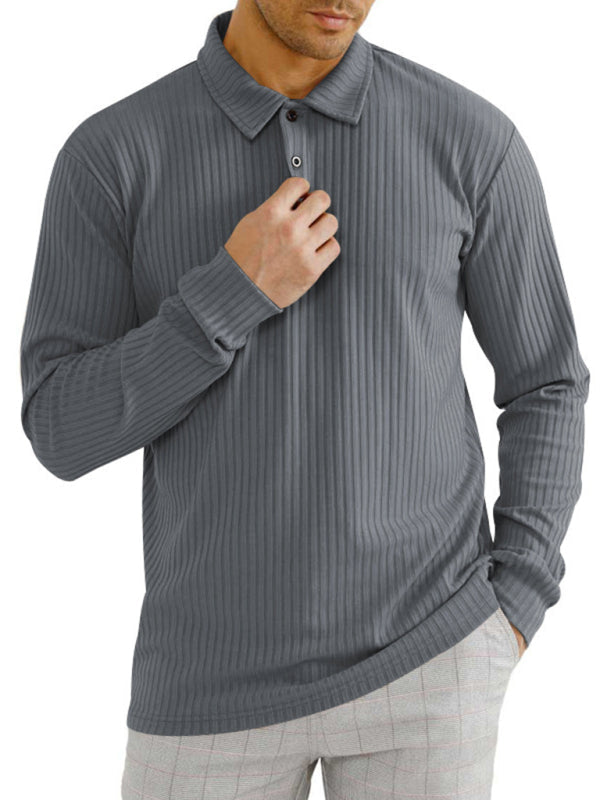 New Men’s Long Sleeve T-Shirt Long Sleeve Lapel Polo Shirt - Misty grey / S