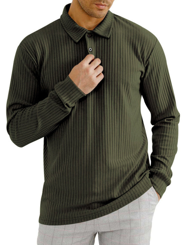 New Men’s Long Sleeve T-Shirt Long Sleeve Lapel Polo Shirt - Olive green / S
