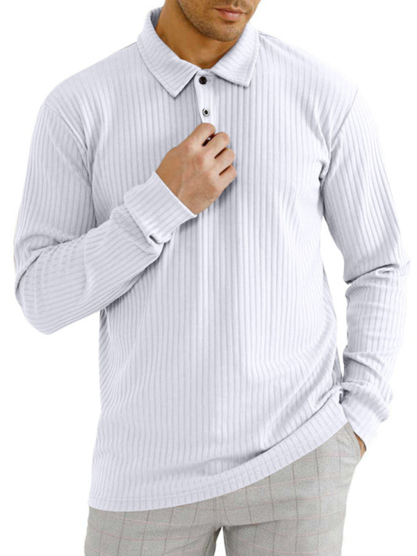 New Men’s Long Sleeve T-Shirt Long Sleeve Lapel Polo Shirt - White / S