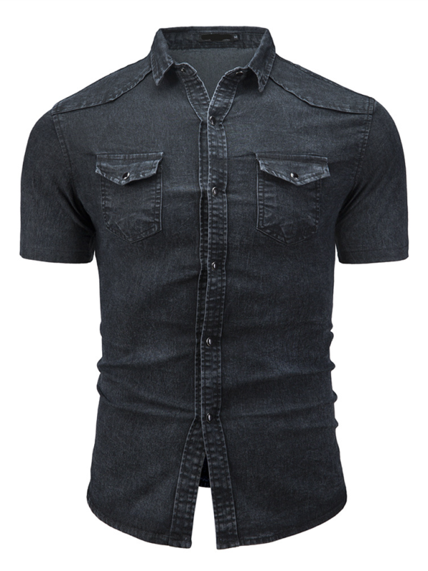 New Men’s Solid Color Denim Pocket Decorated Short Sleeve Shirt - Charcoal grey / M