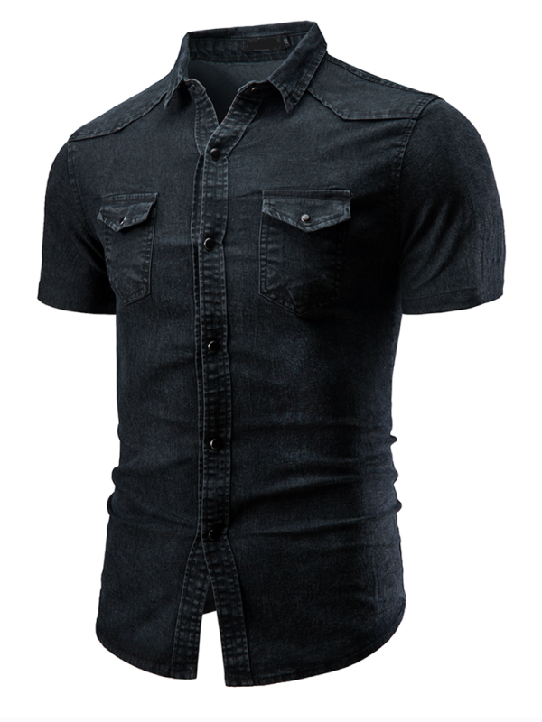 New Men’s Solid Color Denim Pocket Decorated Short Sleeve Shirt