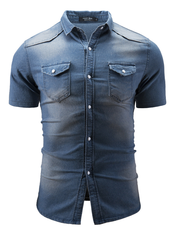 New Men’s Solid Color Denim Pocket Decorated Short Sleeve Shirt - Blue / M