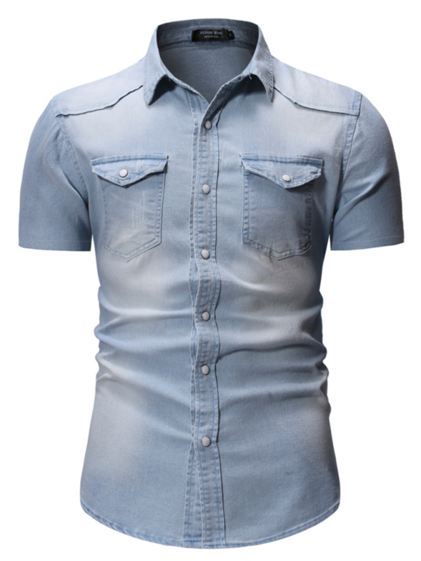 New Men’s Solid Color Denim Pocket Decorated Short Sleeve Shirt - Clear blue / M