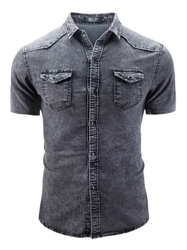 New Men’s Solid Color Denim Pocket Decorated Short Sleeve Shirt - Misty grey / M