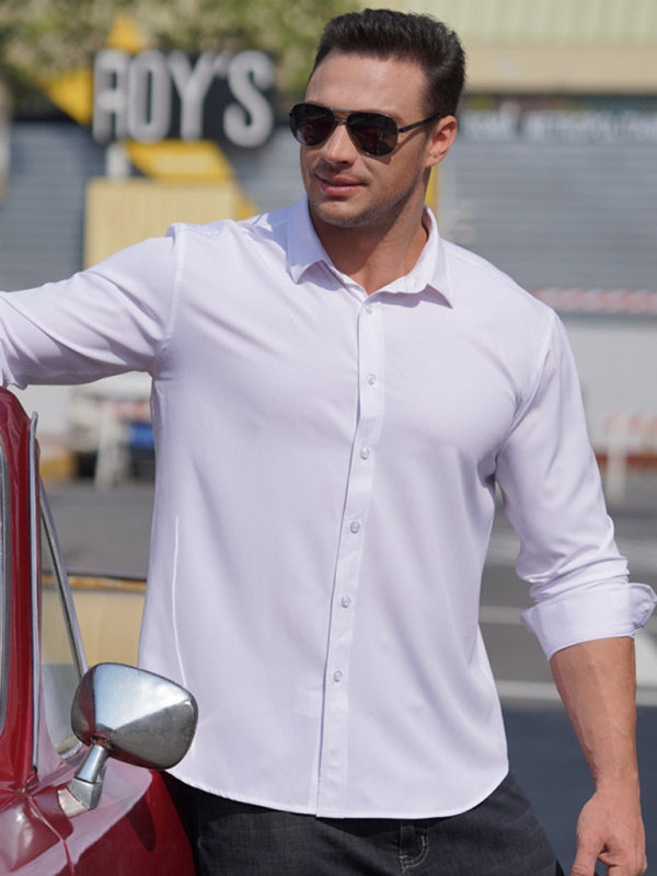 New Men’s Solid Color Stretch Long Sleeve Business Casual Thin Shirt - White / L