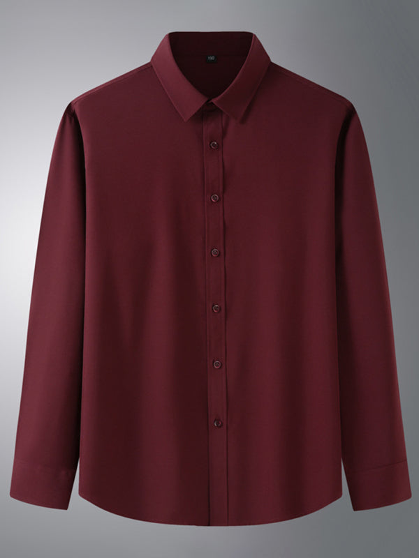 New Men’s Solid Color Stretch Long Sleeve Business Casual Thin Shirt - Red / L