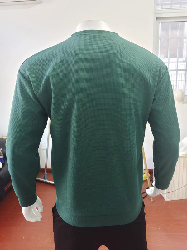 New men’s solid color waffle all-match thin round neck long-sleeved sweater