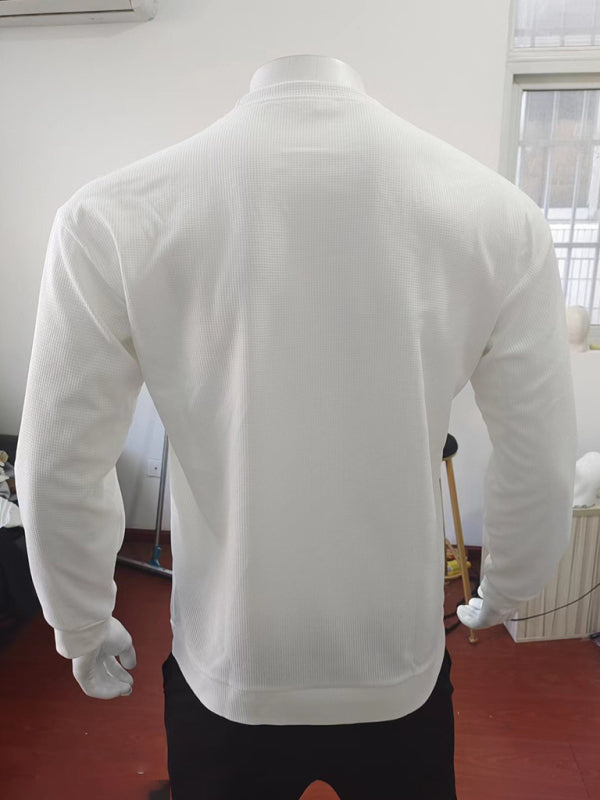 New men’s solid color waffle all-match thin round neck long-sleeved sweater